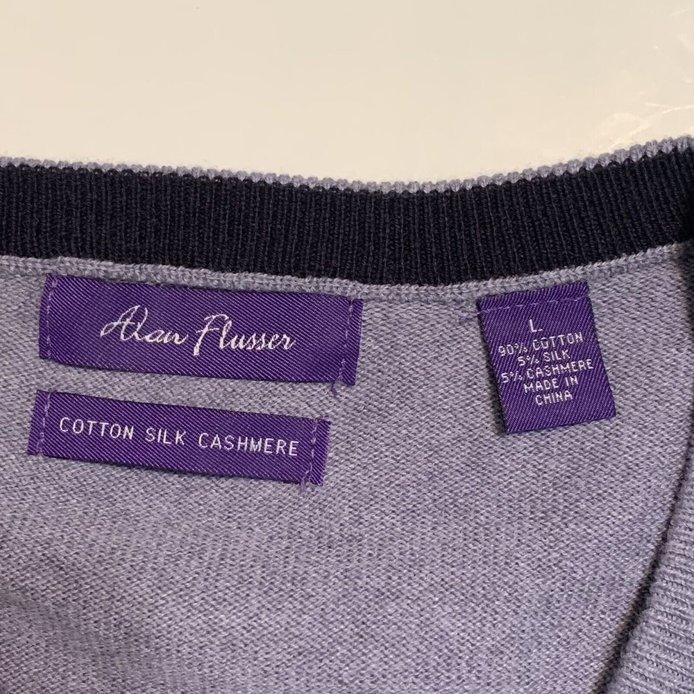Alan Flusser Sweater Mens Large Cashmere Silk Cotton Purple V Neck Pullover - Picture 3 of 6